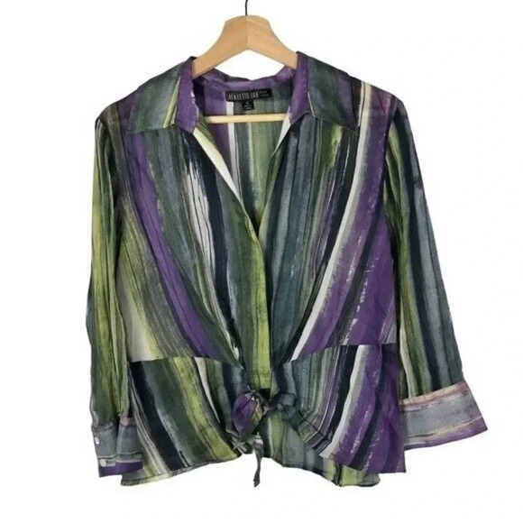 Lafayette 148 Purple & Green Watercolor Tie Front Silk Blend Long Sleeve 14 - Picture 1 of 4